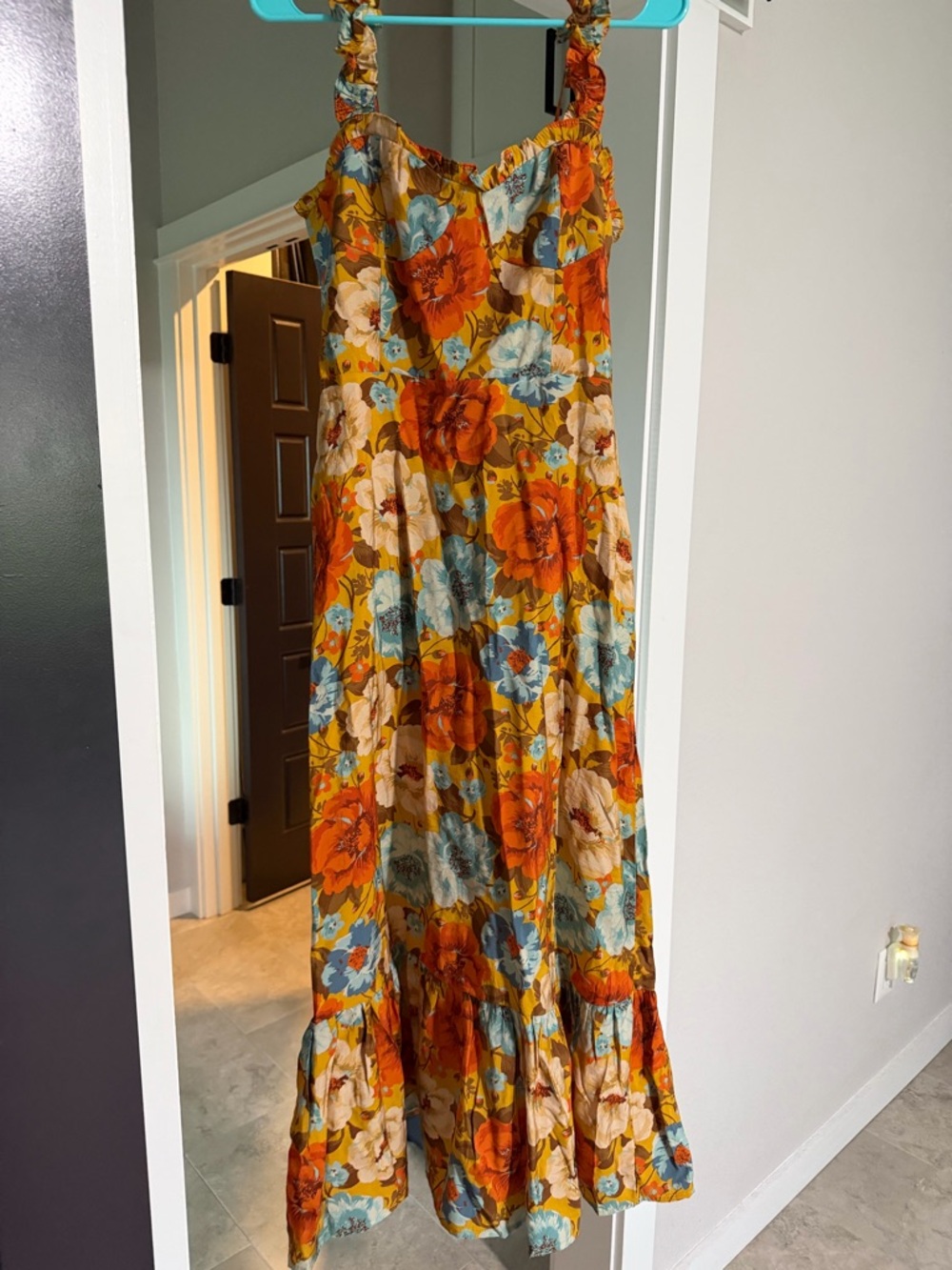 Floral Ruffled Maxi Dress in Orange and Blue